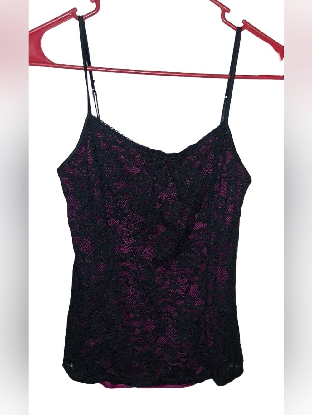 Clothes: Sexy Express Tank Top Black & Hot Pink Lace & Satin (Small)